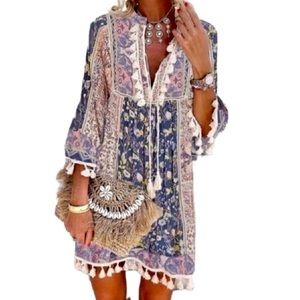 Noracora Floral Boho Tassel Hem Dress - NWT